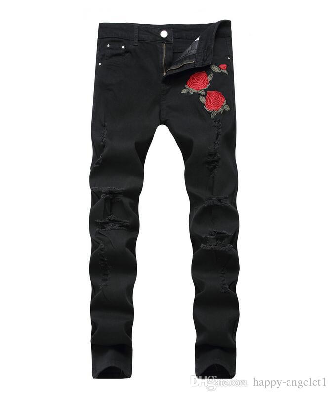 Stylish black-ripped-jeans-men-flowers-rose-embroidered-denim-pant for men